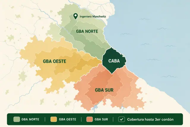 Mapa ilustrado de cobertura mayorista de Quesos.Store en CABA, GBA Norte, GBA Oeste y GBA Sur, hasta el tercer cordón bonaerense